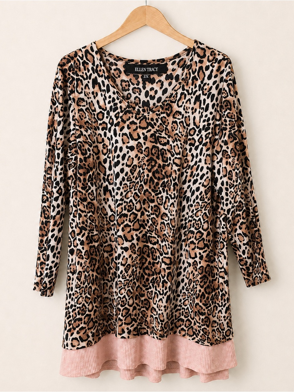 Ellen Tracy Leopard Print Long Sleeve Tunic with Pink Layered Hem